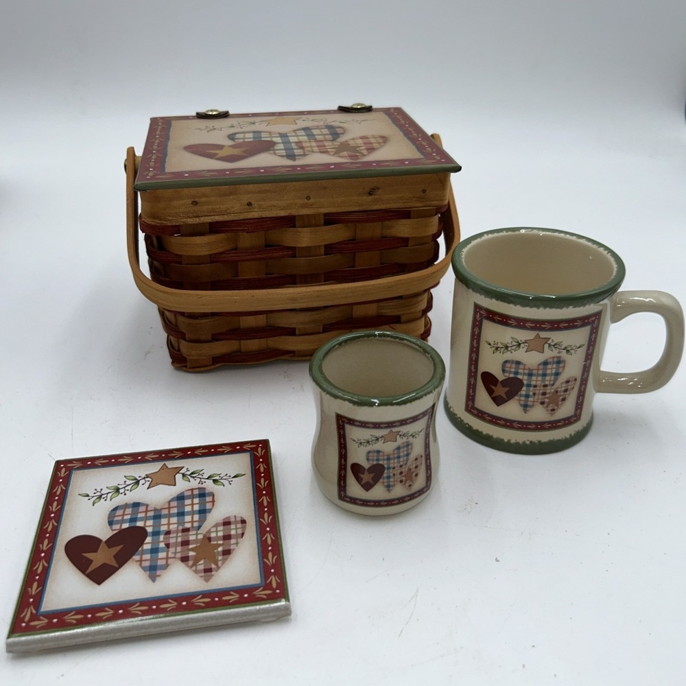 Vintage Country Hearts Basket With Coffee Cup, Candle Holder & Coaster Grandma